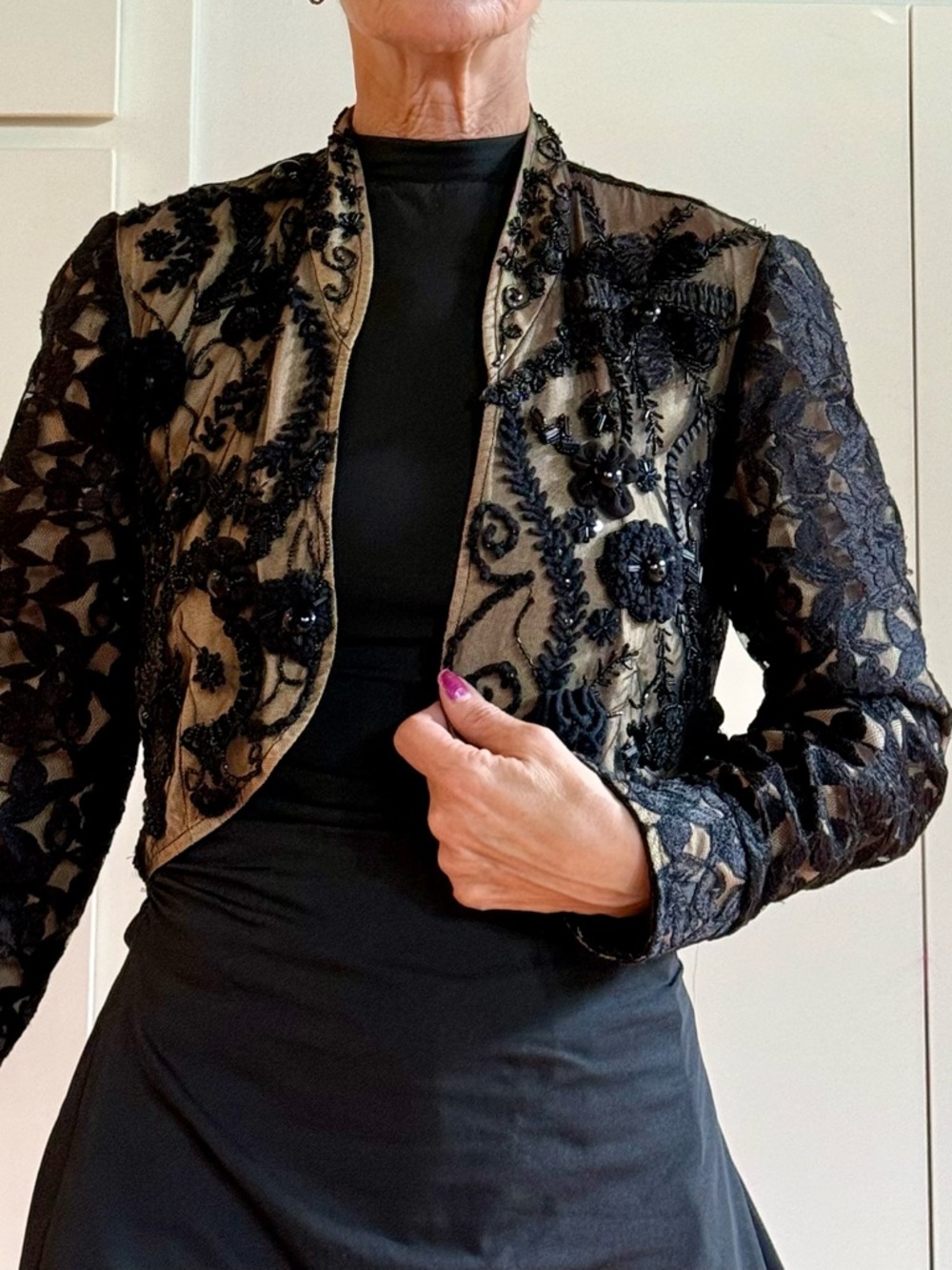 Vintage Sandy Starkman Beaded Bolero Jacket Sheer Black Lace Evening S